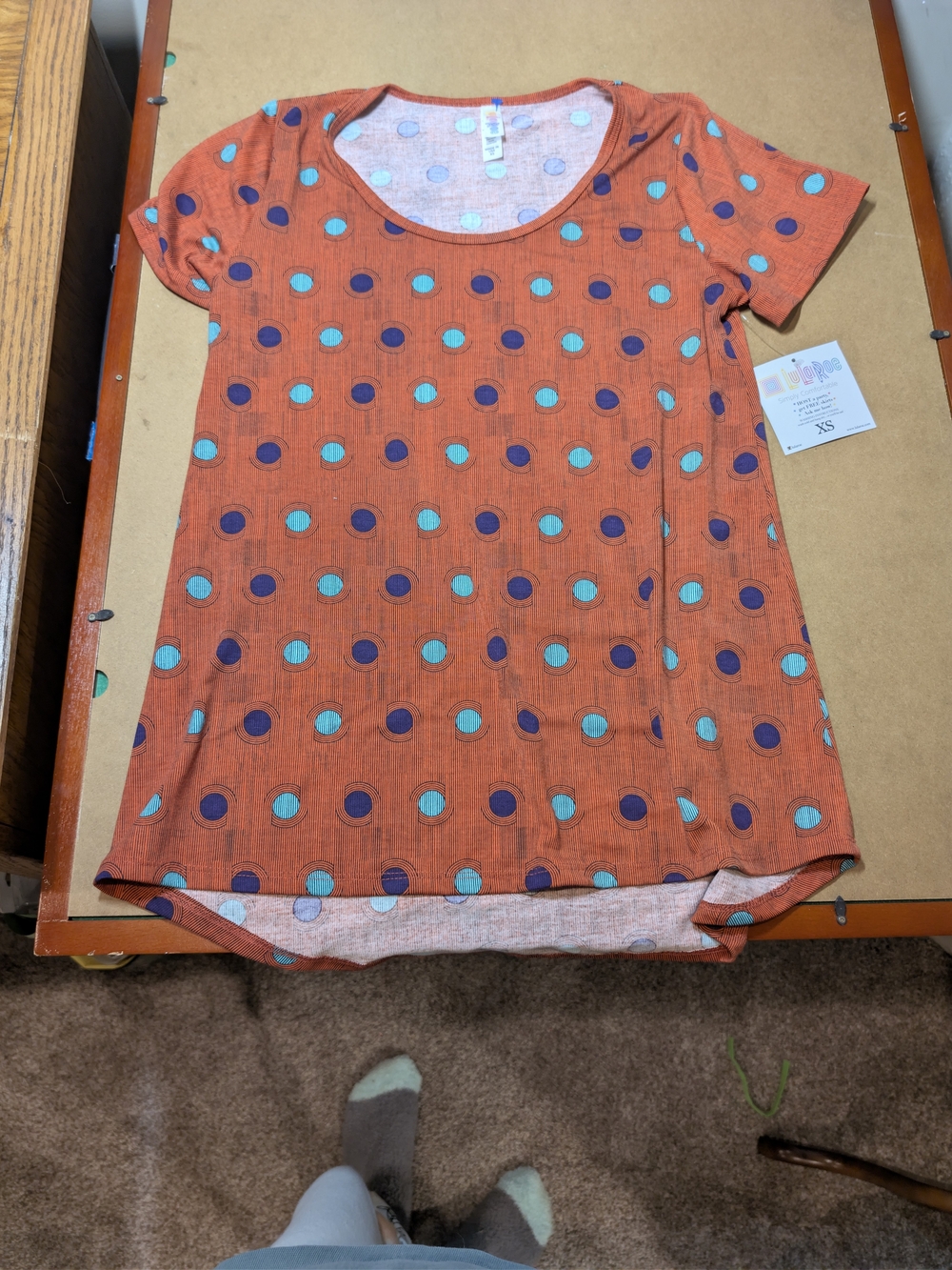 LuLaRoe Orange Short Sleeve Tee with Teal & Navy Polka Dots